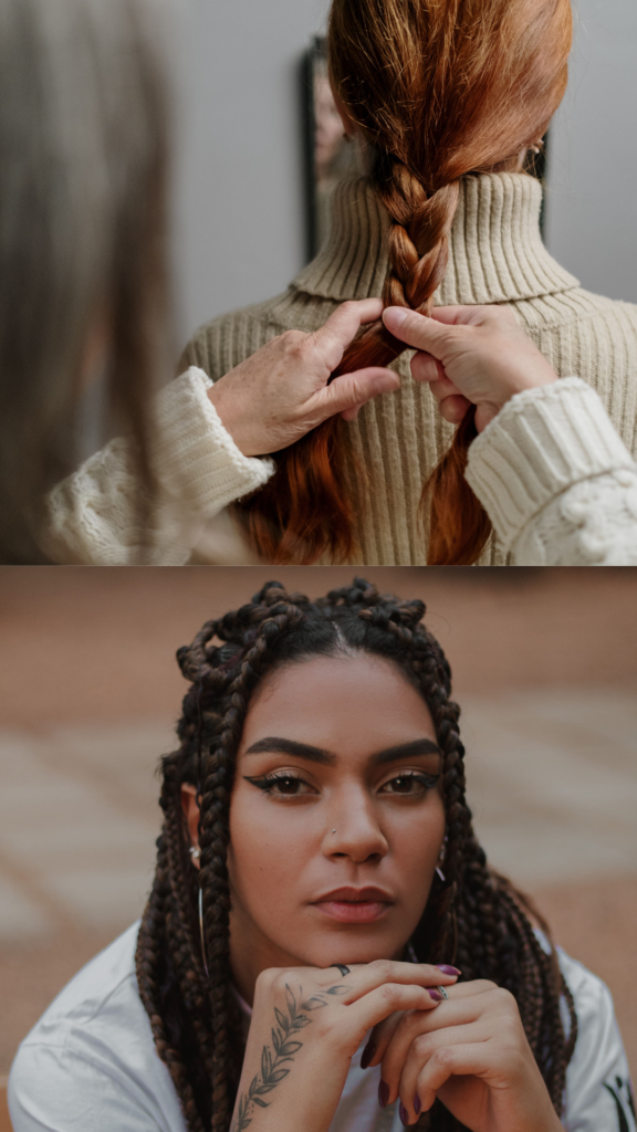 A split-screen vertical image showcasing two different braided hairstyles. The top panel shows a close-up back view of a person with vibrant red hair wearing a beige turtleneck sweater while someone else braids their hair into a classic three-strand braid. The bottom panel shows a close-up portrait of a woman looking directly at the camera, styled with many thin box braids pulled into a half-up style, resting her chin on her tattooed hands.