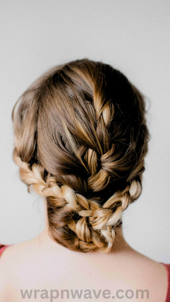 A back view of a woman with highlighted brown and blonde hair styled into an intricate braided updo. The hair features multiple woven braids that wrap horizontally and cross at the nape of her neck to form a low, textured braided bun. The style is set against a plain light grey background, and the website watermark "wrapnwave.com" is visible in translucent text at the bottom.