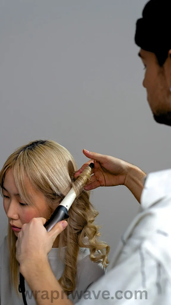 A side-angle close-up shot of a stylist styling a young East Asian woman's blonde hair, as referenced in the file 1 (13).webp. The stylist, seen from behind in a white shirt and black beanie, holds a curling wand vertically while wrapping a section of her hair around the barrel. The woman sits looking downward with a neutral expression as already-curled, wavy blonde locks cascade down her shoulder. A solid light grey wall serves as the background, and a translucent "wrapnwave.com" watermark is visible along the bottom edge of the image.