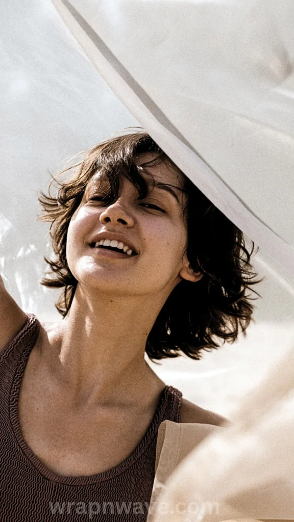 A vertical, sunlit photograph of a young woman smiling brightly, showcasing her short, textured dark brown hair styled with messy, heatless beachy waves, as referenced in the file 1 (17).jpg. She is wearing a brown ribbed tank top or swimwear piece and is partially framed or covered by a large, translucent white sheet or fabric that catches the sunlight above her head. The bright, high-contrast outdoor lighting highlights the undone, natural texture of her short hair. A faint "wrapnwave.com" watermark is visible along the bottom edge of the image.