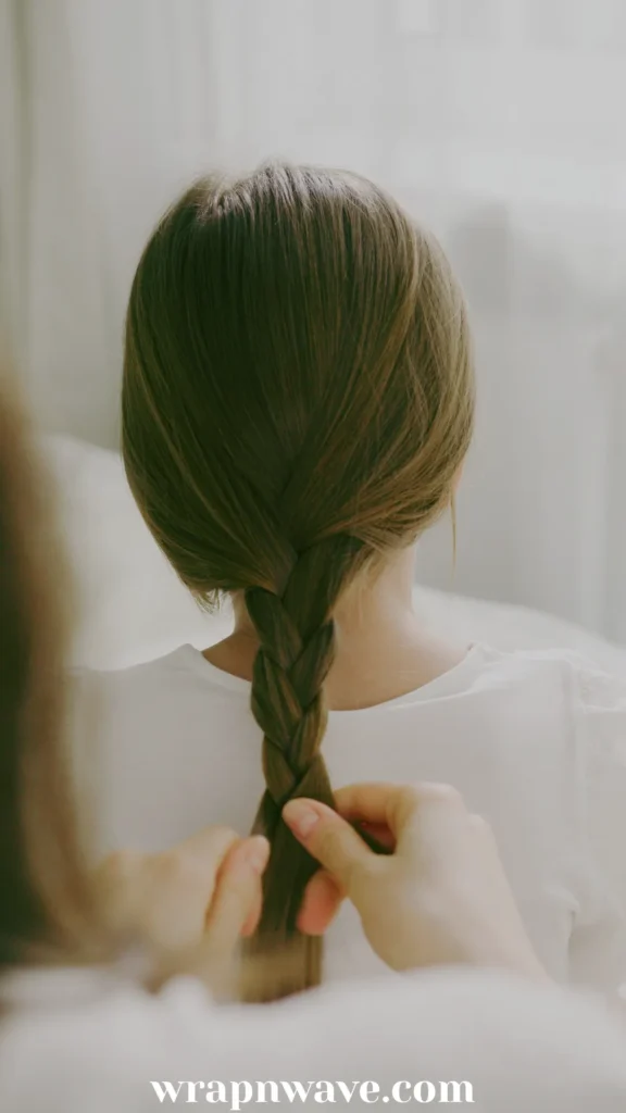 Rear view of a person with straight brown hair having their hair braided into a neat, classic three-strand braid down the center of their back.