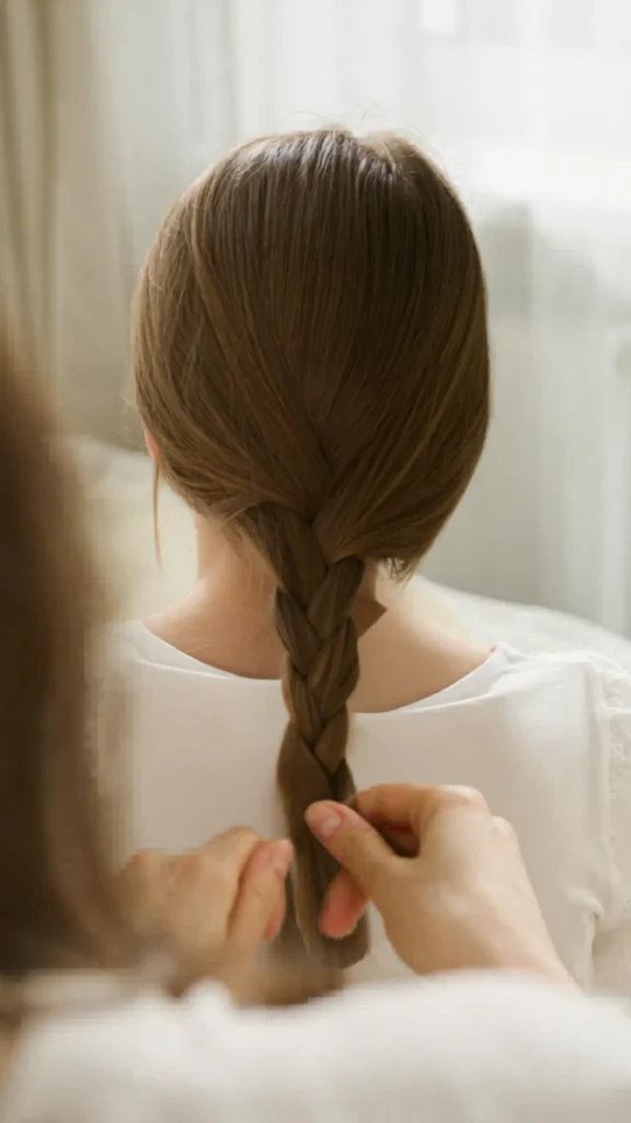 Back view of a woman with long, straight brown hair getting her hair braided into a classic three-strand braid, showing the contrast for easy heatless curls overnight.