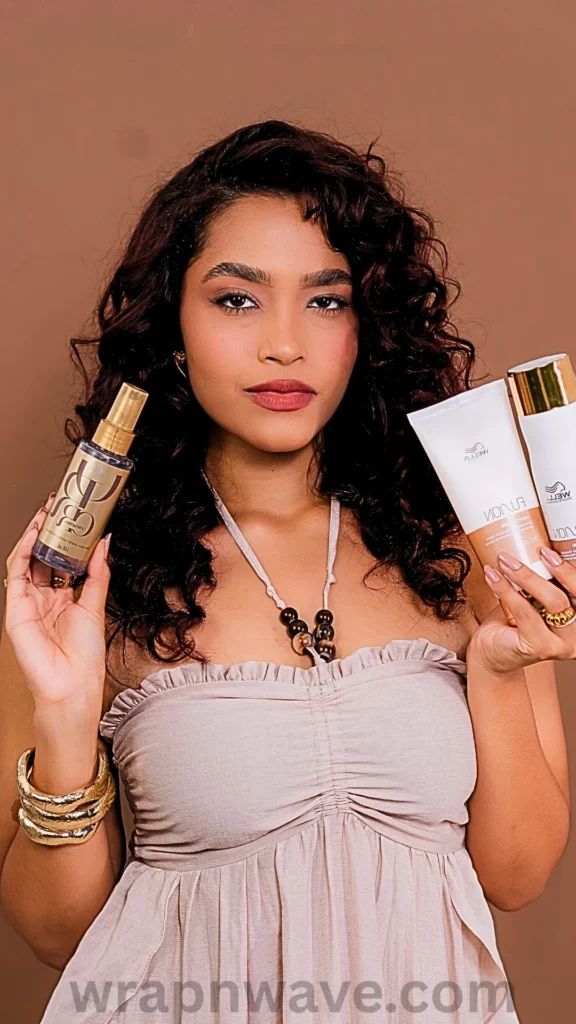 A portrait of a woman with long, voluminous, dark brunette curly hair looking directly at the camera against a solid brown backdrop. She is wearing a strapless light beige top, a beaded necklace, and chunky gold bangles. In her right hand, she holds up a gold spray bottle, and in her left hand, she holds two white and gold Wella hair product tubes. The website watermark "wrapnwave.com" is visible in translucent text across the bottom.
