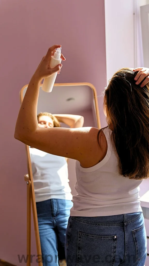 A shot from behind showing a woman standing in front of a full-length wooden mirror and styling her long brown hair. She is wearing a white tank top and blue jeans while holding a white spray bottle aloft to mist a product over her hair. Her reflection is visible in the mirror against a soft pink wall, and a translucent "wrapnwave.com" watermark is printed along the bottom edge of the image.