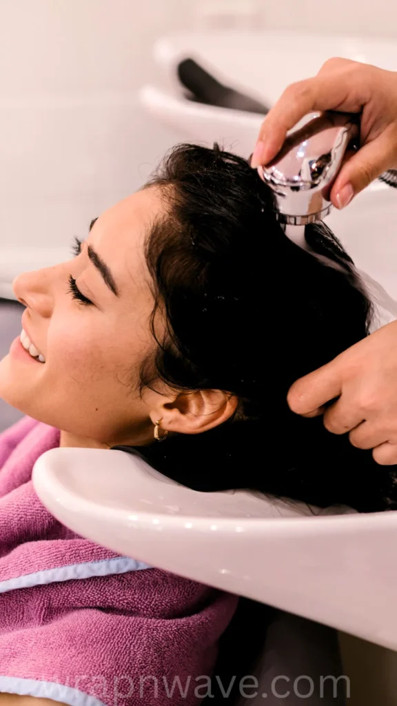 A close-up profile view of a young woman with dark hair smiling contentedly with her eyes closed while leaning back into a white salon shampoo bowl. A stylist's hands are visible, using a chrome handheld sprayer to rinse her hair with water. The woman has a purple towel wrapped around her shoulders, and a translucent "wrapnwave.com" watermark is visible along the bottom edge of the image.