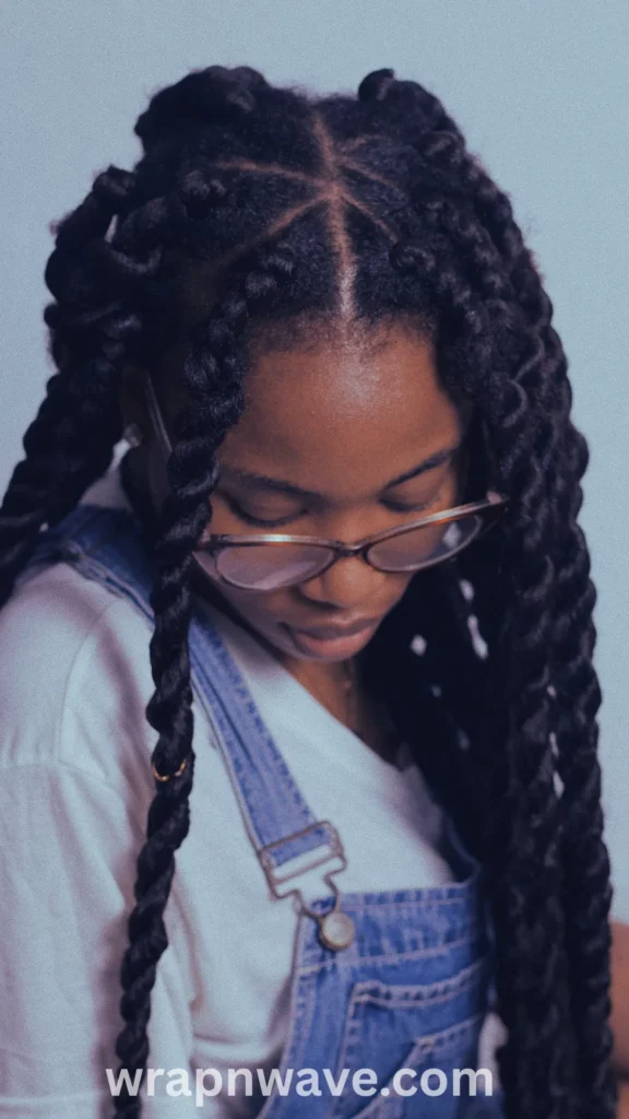 A high-angle, close-up shot of a Black young woman looking downward while wearing glasses. Her dark hair is styled into thick, neatly sectioned rope twists (two-strand twists) with clear, triangular parts at the scalp. She is wearing denim overalls over a white t-shirt against a light blue-grey background. The website watermark "wrapnwave.com" is displayed in white text at the bottom.