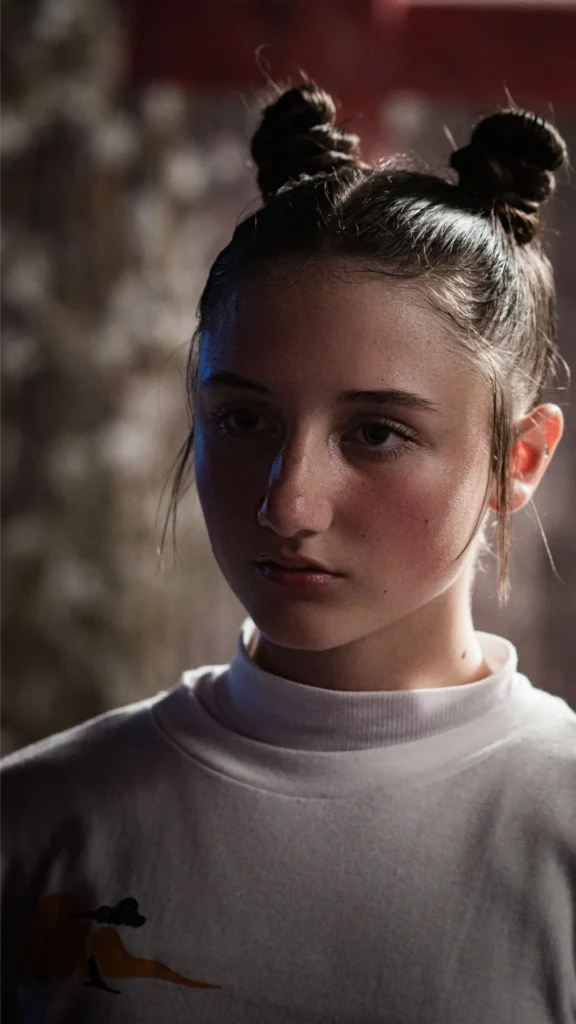 A young woman with her dark brown hair styled into high twin buns on the top of her head, serving as visual inspiration for a no-heat beach wave tutorial.