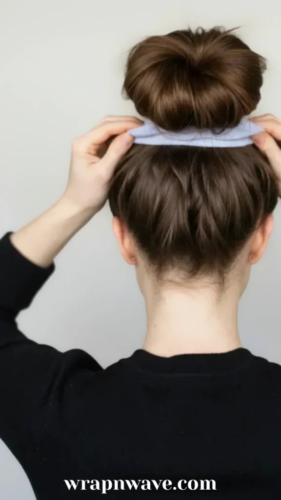 Rear view of a person with dark brown hair pulling a light blue fabric sock donut over a high ponytail to create a sock bun.