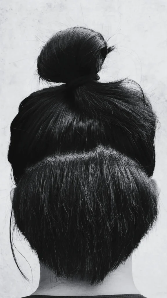 A black and white view from behind of smooth, dark hair parted horizontally into two sections. The top section is gathered up into a high, loose bun or top knot secured with a hair tie, while the bottom section hangs straight down at the nape of the neck, illustrating a hair-sectioning prep technique.