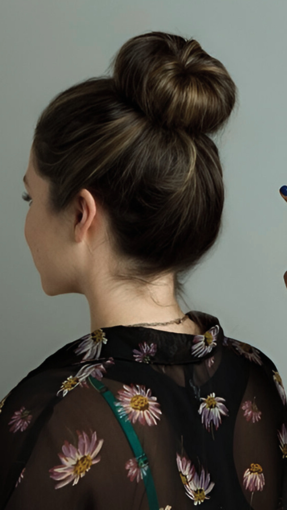 View from behind of a woman with brunette hair styled into a large, smooth, voluminous high sock bun on top of her head, showcasing a heatless styling technique for overnight waves.