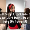 Alt Text A horizontal three-photo collage graphic titled "5 Simple ways to Get Boho Beach waves for Short Hair – Heatless & Easy (No Damage!)", as referenced in the file 5 Simple Ways to Get Boho Beach Waves for Short Hair - Heatless & Easy (No Damage!).webp. The stylized white cursive text is overlaid on a semi-transparent dark banner stretching across the center of the image. The left panel shows a young woman with winged eyeliner looking down, her dark hair set with large plastic rollers as she wears an off-the-shoulder white button-down shirt. The middle panel features a young girl sitting on a white floor looking back over her shoulder, wearing a black long-sleeved shirt, red shorts, and a bright red paisley bandana headband. The right panel shows the rear view of a woman in a white tank top and blue jeans spritzing a white spray bottle over her hair while looking at her reflection in a full-length wooden mirror.