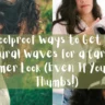 A two-panel image collage styled as a Pinterest graphic banner, as referenced in the file 7 Foolproof Ways to Get Loose Natural Waves for a Carefree Summer Look (Even If You’re All Thumbs!).webp. Centered across both panels is a large, translucent sage-green overlay with white handwritten text that reads: "7 Foolproof Ways to Get Loose Natural Waves for a Carefree Summer Look (Even If You're All Thumbs!)". The left panel shows a young woman with long, voluminous dark wavy hair in a floral dress smiling over her shoulder in an outdoor setting. The right panel displays a stylist using a white hair dryer and a gold round brush to blow-dry a client's dark hair.