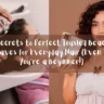 A two-panel horizontal image collage designed as a Pinterest graphic banner, as referenced in the file 7 Secrets to Perfect Tousled Beachy Waves for Everyday Hair (Even If You’re a Beginner!).jpg. A translucent dark grey text box overlays the center of both panels, displaying white handwritten text that reads: "7 Secrets to Perfect Tousled Beachy Waves for Everyday Hair (Even If You’re a Beginner!)". The left panel shows a side profile of a woman smiling with her eyes closed while leaning back into a white salon bowl as a stylist uses a handheld sprayer to rinse her dark hair. The right panel features a portrait of a woman with voluminous, dark reddish-brown curly hair posing against a light brown background while holding up a white squeeze tube in her right hand and a gold hair product bottle in her left hand.