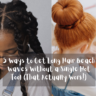 A horizontal social media graphic featuring a two-panel photo collage, as referenced in the file Add a heading (21).webp. The left panel shows a close-up of a young Black woman looking down, showcasing long, thick rope braids or twists sectioned neatly at the scalp. The right panel is a high-angle shot from behind a young person with vibrant red hair styled into a large, smooth donut bun while leaning over an open book. Overlaying the center of the collage is a semi-transparent dark gray text box with a white, handwritten font that reads: "5 Ways to Get Long Hair Beach Waves Without a Single Hot Tool (That Actually Work!)".