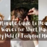 A horizontal photograph designed for a blog header or social media graphic, split into a three-panel vertical collage showcasing different hair styling moments, as referenced in the file The Ultimate Guide to Heatless Beach Waves for Short Hair That Actually Hold (7 Foolproof Methods).webp. The left panel shows a smiling woman with short, messy waves under a backlit white cloth; the middle panel shows a close-up from behind of hands sectioning or styling brown hair outdoors; and the right panel shows a side view of a person with texturized, bouncy short brown curls tilting their head forward. A semi-transparent dark brown banner covers the center of the collage, featuring the overlay text "The Ultimate Guide to Heatless Beach Waves for Short Hair That Actually Hold (7 Foolproof Methods)" written in a bold, white, handwritten font.