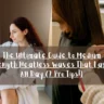 A horizontal blog banner or social media graphic composed of a side-by-side, two-panel photo collage, as referenced in the file The Ultimate Guide to Medium Length Heatless Waves That Last All Day (7 Pro Tips!).webp. The left panel shows a young woman with long, curly dark hair wearing a plush white bathrobe, sitting by a window counter with a cup of coffee and a croissant. The right panel features a close-up of a person with straight brown hair wearing a black cape while a hairstylist in a white knit sweater uses silver shears and a black comb to perform a blunt trim. A semi-transparent dark gray banner stretches across the middle of the collage, featuring bold white text in a handwritten font that reads: "The Ultimate Guide to Medium Length Heatless Waves That Last All Day (7 Pro Tips!)".