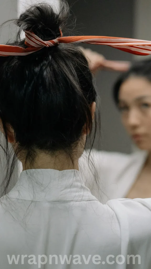 A close-up shot from behind showing a woman with dark hair pulling her hair up into a messy topknot bun in front of a mirror, as referenced in the file wrap & (25).webp. An orange and white striped fabric ribbon or belt is tied securely around the base of the bun. She wears a white high-collared shirt or robe, and her blurred reflection is visible in the mirror to the right. A translucent "wrapnwave.com" watermark runs across the bottom edge of the image.