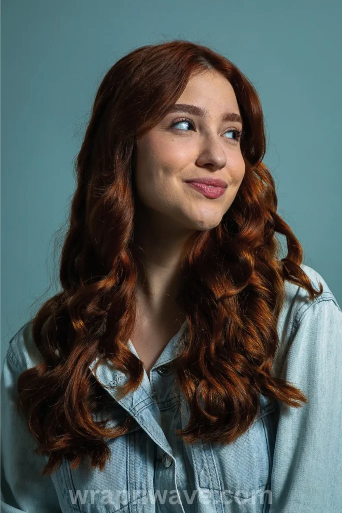 A vertical, chest-up photograph of a smiling young woman with long, vibrant auburn or copper-red hair looking off to the side, as referenced in the file wrapnwave.com (27).webp. Her thick hair is styled into highly defined, bouncy, and glossy curls that fall around her shoulders. She is wearing a light-wash denim jacket and posing against a solid, muted blue-green background. A semi-transparent "wrapnwave.com" watermark is visible along the bottom edge of the image.