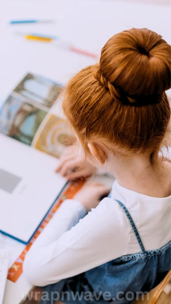 A vertical, high-angle photograph taken from behind a young person with vibrant red hair, as referenced in the file wrapnwave.com (35).webp. The hair is pulled up into a large, perfectly smooth and rounded sock bun or donut bun at the top of the head, with a small strand of hair wrapped neatly around its base. The person is wearing a long-sleeved white shirt under denim overalls and is leaning over a desk or table, looking down at an open book with colorful pictures. The background is softly out of focus, and a semi-transparent "wrapnwave.com" watermark is visible along the bottom edge of the image.