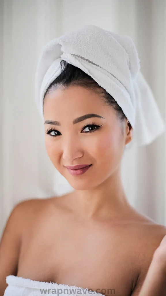 A vertical, close-up photograph of a smiling East Asian woman looking directly forward, as referenced in the file wrapnwave.com (36).webp. Her shoulders are bare, and she has her hair wrapped securely in a white plush towel twisted on top of her head. Her makeup is neatly done with precise winged eyeliner and a soft pink lipstick. The background consists of a bright, softly blurred white curtain or window. A semi-transparent "wrapnwave.com" watermark is visible along the bottom edge of the image.
