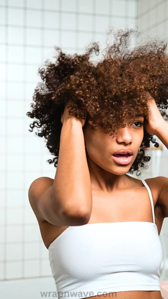 A vertical, chest-up photograph of a young woman with a voluminous afro of tight, springy brown curls, as referenced in the file wrapnwave.com (37).webp. She has both hands buried in her hair near her temples, gently shaking out and fluffing her natural curls with her mouth slightly open in a dynamic, expressive look. She is wearing a simple white tube top or strapless tank top. The background is a clean bathroom setting with white square wall tiles and dark grout lines. A semi-transparent "wrapnwave.com" watermark is visible along the bottom edge of the image.