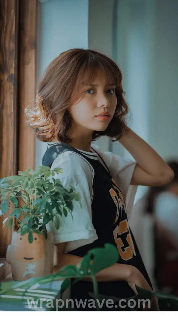 A vertical, close-up photograph of a young woman with a short, wavy light brown bob haircut and soft bangs, as referenced in the file wrapnwave.com (47).webp. She is looking directly at the camera, posing next to a wooden window frame with her left hand lightly touching the back of her hair. She is wearing a casual black and white jersey-style top. In the foreground, a small green houseplant sits in a decorative ceramic pot with a simple face design. A semi-transparent "wrapnwave.com" watermark is visible along the bottom edge of the image.