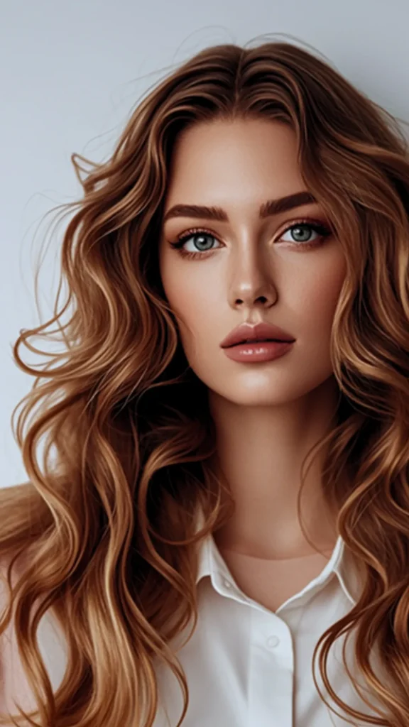 A front-facing studio portrait of a woman with long, voluminous light brown and honey-blonde hair styled in perfectly defined, bouncy curls and waves. She is looking directly at the camera with soft glamorous makeup, defined eyebrows, and full lips, wearing a white collared button-down shirt against a plain, light grey background. The image serves as a visual example of the smooth, bouncy, beautiful wave results achieved using an overnight heatless sock curl routine.