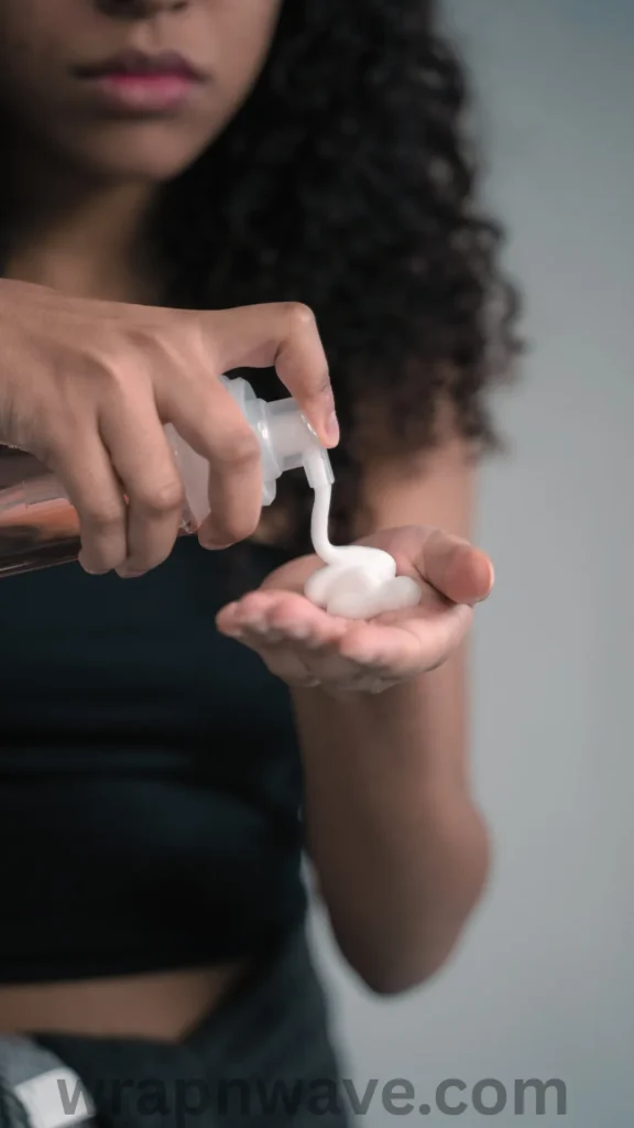 A close-up shot focused on a woman's hands as she presses the pump of a clear bottle, dispensing a dollop of thick white hair mousse or curl cream into her open palm. The woman has dark, curly hair and is wearing a black tank top, with her face softly blurred in the background. The plain grey backdrop emphasizes the product texture, illustrating the preparation step for an overnight heatless wave routine. The text "wrapnwave.com" is watermarked in grey at the bottom.