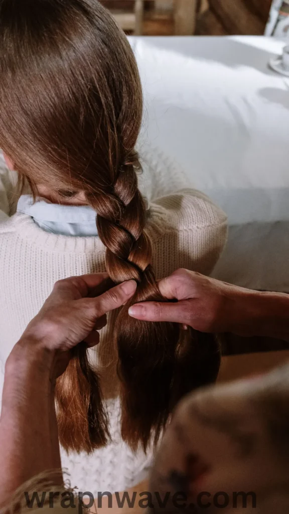 A close-up view from behind of a woman with long, vibrant auburn-red hair. She is being helped by another person (visible as hands and a blurred sleeve in the foreground) who is loosely braiding her hair. The woman is wearing a beige ribbed turtleneck sweater. The hands are actively crossing sections of the braid at the neck level, demonstrating the creation of an overnight braid. A watermark for 'wrapnwave.com' is in the bottom right corner.