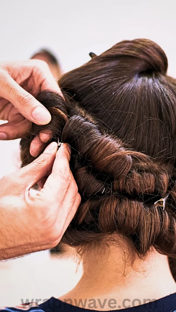 A close-up view from behind of a person with thick, dark brown hair having sections pinned into coiled loops flat against their head. Two hands are visible, carefully manipulating a bobby pin to secure a twisted section. Several metal clips are already in place, demonstrating the technique for setting overnight waves in thick or medium-textured hair. The image includes a grey "wrapnwave.com" watermark at the bottom.