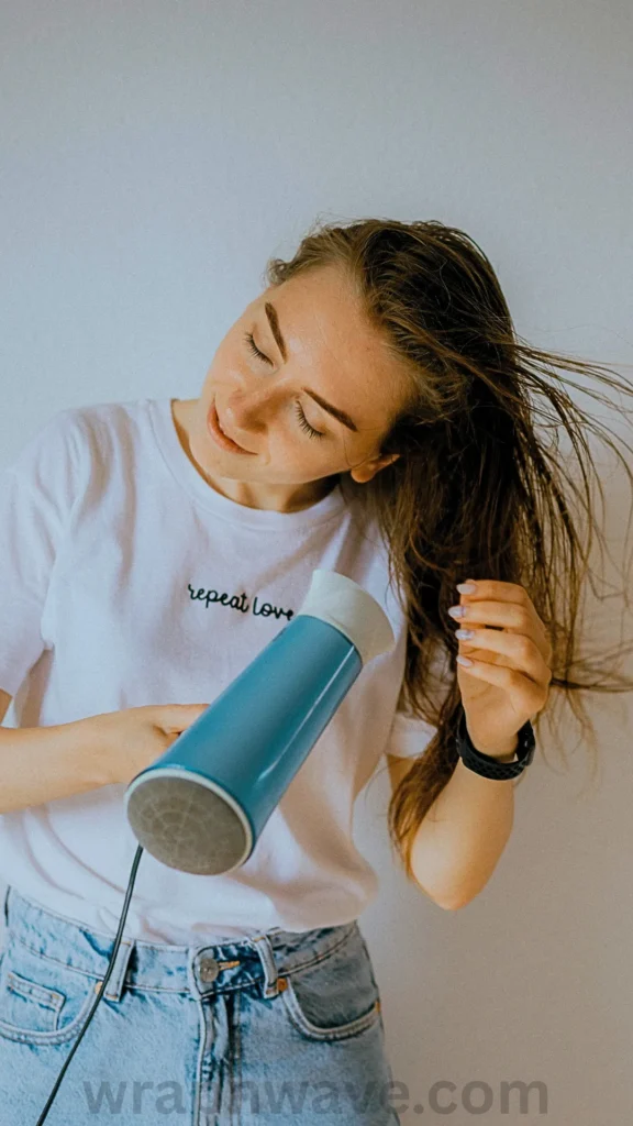 A vertical, medium shot of a smiling young woman drying her hair, as referenced in the file 4 (8).jpg. She is standing against a plain white background, tilting her head to the right with her eyes closed as she uses a bright blue hair dryer with a white nozzle. With her other hand, she gently runs her fingers through her long, damp brown hair as the airflow blows through it. She is wearing a casual white t-shirt with the words "repeat love" written in small black cursive script across the chest, paired with light-wash denim jeans and a black smart watch on her left wrist. A semi-transparent "wrapnwave.com" watermark is visible centered along the bottom edge of the image.