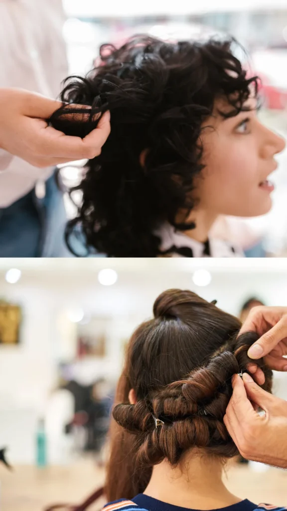 A vertical split-screen image illustrating stages of the twist and pin heatless styling method. The top panel shows a side-profile view of a woman with short, voluminous, dark curly hair while a stylist's hands gently separate her curls. The bottom panel displays a close-up rear view of a stylist's hands twisting sections of brown hair into horizontal rolls and pinning them securely flat against the scalp with hair clips.