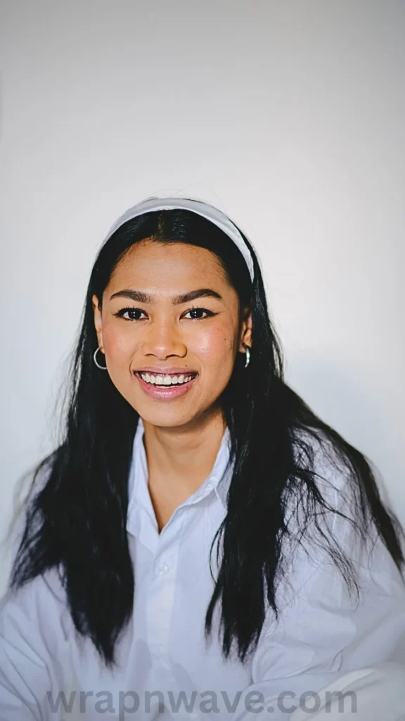 A front-facing studio portrait of a smiling woman with long, straight black hair looking directly at the camera. She is wearing a wide, white fabric headband positioned flat on top of her head like a crown, sitting close to her hairline. Her long hair flows down past her shoulders, framing her face. She wears small silver hoop earrings and a crisp white button-down collared shirt against a plain, off-white background. The text "wrapnwave.com" is watermarked in grey at the bottom, illustrating the proper initial placement of a headband for a heatless wave routine.