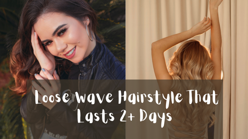A horizontal brand banner featuring two contrasting photo panels side by side, as referenced in the file 5 Dreamy Ways to Get Elegant Loose Waves Overnight (2).jpg. Running through the middle of the collage, a semi-transparent dark grey horizontal band contains white, whimsical script text stating: "Loose wave Hairstyle That Lasts 2+ Days". The panels include: Left Panel: A close-up portrait of a smiling woman with dark brown hair looking down toward the camera. She has long eyelashes, red lipstick, and large silver hoop earrings while wearing a black leather jacket. Right Panel: A back view of a woman with long blonde hair styled in uniform, glamorous Hollywood-style waves. Her arms are raised above her head against a background of soft cream-colored curtains, illuminated by warm, glowing sunlight.