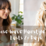 cross the center of the image, a wide, semi-transparent grey horizontal banner features white handwritten-style script text that reads: "Loose wave Hairstyle That Lasts 2+ Days". The panels include: Left Panel: A side profile view of a smiling woman sitting in a bright room. Her long brunette hair is styled with wispy curtain bangs and soft, voluminous waves that fall past her shoulders. She is wearing a pastel-striped pink and sage green knit sweater. Right Panel: A rear close-up view of a woman with long blonde hair styled into an elegant half-up twist secured with a delicate, pearl-embellished bridal hairpiece. Her wavy hair cascades down her back, and she is wearing a light purple or lavender gown.