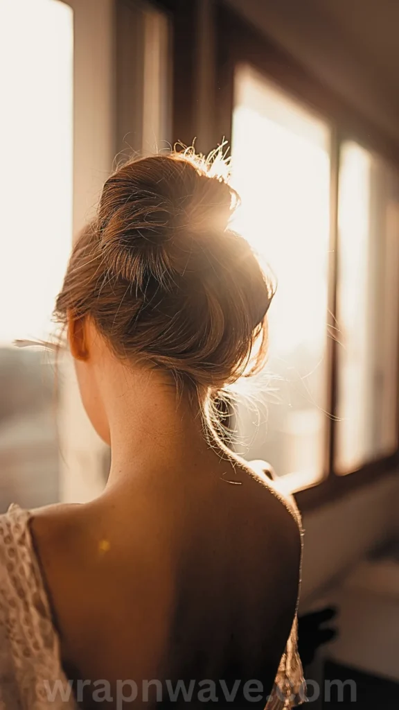 A vertical, close-up photograph taken from behind a young woman, highlighting her hair styled in a large, voluminous sock bun, as referenced in the file 6 (3).webp.The woman is standing indoors, looking out toward a large window during sunset or sunrise. The bright, warm golden hour sunlight streams in, backlighting her head and casting a soft glow that illuminates the stray, fine strands of her light brown hair. She is captured from the shoulders up, showing her bare upper back and the lace strap of her top on the left. A semi-transparent "wrapnwave.com" watermark runs along the very bottom edge of the image.