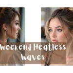 A two-panel graphic displaying formal hairstyles. The left panel shows a side profile of a woman with long brunette hair in an elegant half-up style with cascading soft waves. The right panel features a woman with honey-blonde hair styled in a loose, voluminous high bun with soft tendrils framing her face. A semi-transparent brown text overlay across the center reads "weekend Heatless waves".