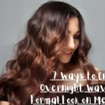 A woman with medium-length, glossy chestnut brown hair styled in voluminous, smooth waves smiles as she looks downward. The portrait is set against a plain light grey background. A semi-transparent dark block at the bottom contains white text reading "7 ways to create Overnight waves for a Formal Look on Medium Hair".