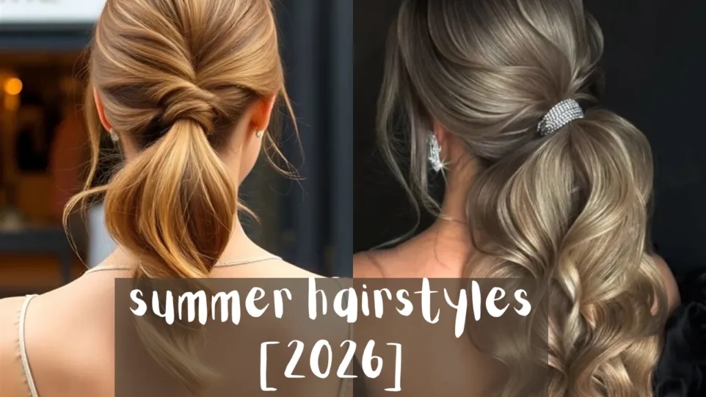 A two-panel graphic showing structured hairstyles from behind. The left panel features a smooth, twisted ponytail on golden-blonde hair. The right panel displays a voluminous, wavy brunette ponytail secured with a sparkling rhinestone cuff hair accessory. A semi-transparent banner across the bottom reads "summer hairstyles [2026]".