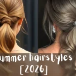 A two-panel graphic showing structured hairstyles from behind. The left panel features a smooth, twisted ponytail on golden-blonde hair. The right panel displays a voluminous, wavy brunette ponytail secured with a sparkling rhinestone cuff hair accessory. A semi-transparent banner across the bottom reads "summer hairstyles [2026]".