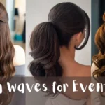 A three-panel collage displaying elegant hairstyles. The left panel shows a half-up twist on long, wavy brown hair. The center panel displays a high, smooth brunette ponytail with soft volume. The right panel shows a side profile of a half-up style with long, structured curls. A dark semi-transparent text bar at the bottom reads "Glam waves for Events".