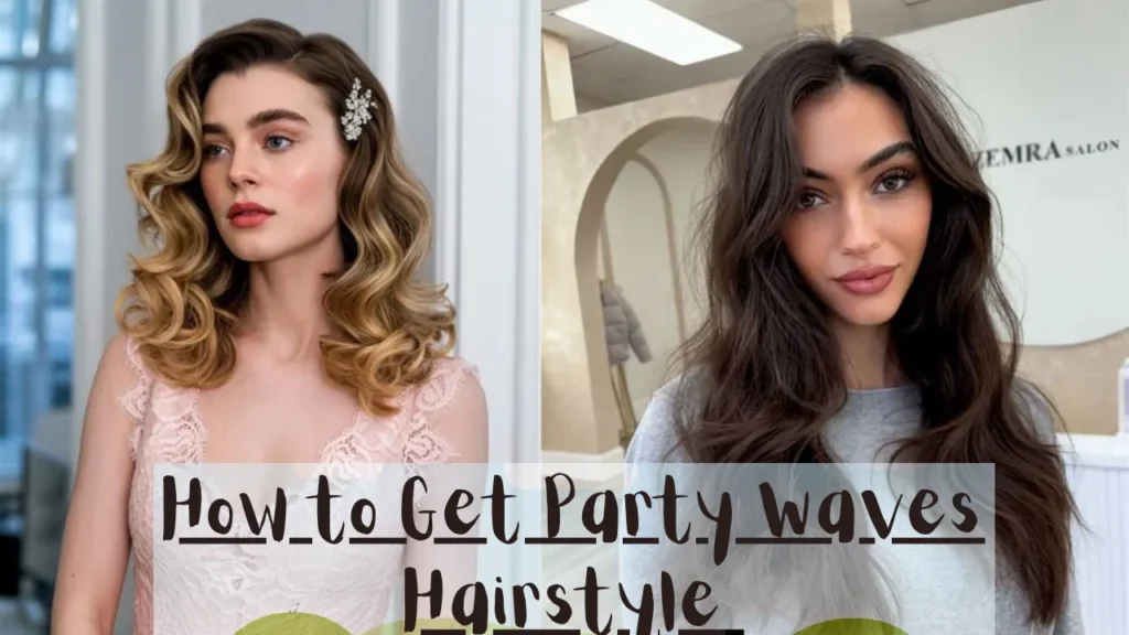 A three-panel collage displaying elegant hairstyles. The left panel shows a half-up twist on long, wavy brown hair. The center panel displays a high, smooth brunette ponytail with soft volume. The right panel shows a side profile of a half-up style with long, structured curls. A dark semi-transparent text bar at the bottom reads "Glam waves for Events".