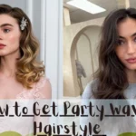 A three-panel collage displaying elegant hairstyles. The left panel shows a half-up twist on long, wavy brown hair. The center panel displays a high, smooth brunette ponytail with soft volume. The right panel shows a side profile of a half-up style with long, structured curls. A dark semi-transparent text bar at the bottom reads "Glam waves for Events".