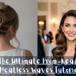 A two-panel hairstyle comparison. The left panel shows a rear view of a woman with blonde hair in a sophisticated vertical French twist updos with dangling gold earrings. The right panel shows a smiling woman at a formal event with long, uniform Hollywood waves draped over her shoulder. A dark semi-transparent banner at the bottom features white text reading "The Ultimate Prom-Ready Heatless waves Tutorial".