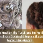 A side-by-side split image featuring two heatless hairstyle techniques. The left side shows a close-up rear view of blonde-highlighted hair twisted into intricate coiled spirals and pinned flat with small white flowers. The right side shows a rear view of dark brown hair styled in a Dutch braid leading into a low bun. Centered across the bottom is a semi-transparent dark banner reading the title: "How to Master the Twist and Pin Method for Effortless Overnight Waves (Even If You're a Beginner)."