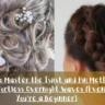 A side-by-side split image featuring two heatless hairstyle techniques. The left side shows a close-up rear view of blonde-highlighted hair twisted into intricate coiled spirals and pinned flat with small white flowers. The right side shows a rear view of dark brown hair styled in a Dutch braid leading into a low bun. Centered across the bottom is a semi-transparent dark banner reading the title: "How to Master the Twist and Pin Method for Effortless Overnight Waves (Even If You're a Beginner)."