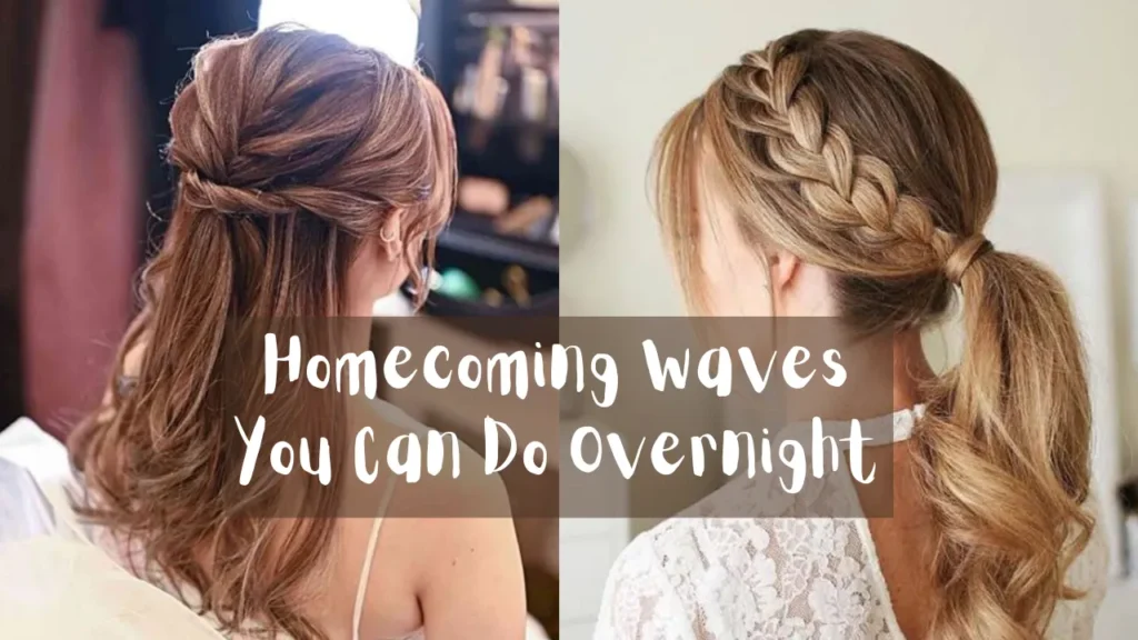 A horizontal, two-panel split graphic displaying formal hairstyles with elegant overnight waves, as referenced in the file Homecoming Waves You Can Do Overnight.webp. The graphic is divided evenly down the center. The left panel shows a rear view of a woman with long, chestnut-brown hair styled in a half-up fashion with loose, twisted layers gathering at the back, letting soft waves cascade down. The right panel shows a rear three-quarter view of a woman with honey-blonde hair styled into a mid-height ponytail accented by a thick Dutch side braid seamlessly blended into the base. Stretching horizontally across the center of both panels is a translucent brown overlay banner featuring stylized white text that reads, "Homecoming Waves You Can Do Overnight".