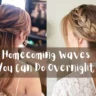 A horizontal, two-panel split graphic displaying formal hairstyles with elegant overnight waves, as referenced in the file Homecoming Waves You Can Do Overnight.webp. The graphic is divided evenly down the center. The left panel shows a rear view of a woman with long, chestnut-brown hair styled in a half-up fashion with loose, twisted layers gathering at the back, letting soft waves cascade down. The right panel shows a rear three-quarter view of a woman with honey-blonde hair styled into a mid-height ponytail accented by a thick Dutch side braid seamlessly blended into the base. Stretching horizontally across the center of both panels is a translucent brown overlay banner featuring stylized white text that reads, "Homecoming Waves You Can Do Overnight".