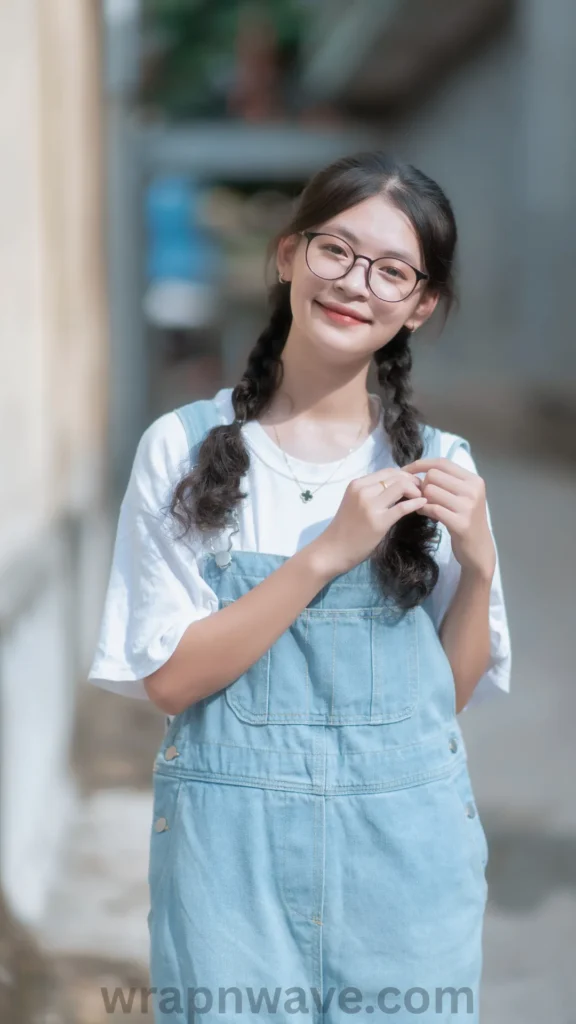 A vertical, medium shot of a smiling young East Asian woman with dark hair styled into two pigtail braids, as referenced in the file Simple Ways to Get Boho Beach Waves for Short Hair - Heatless & Easy (4).webp. She wears black round-framed glasses, a white crewneck t-shirt, and light-blue denim overalls. Her hands are gently brought together near her chest as she plays with the ends of one of her braids. The background is softly out of focus, suggesting a sunny outdoor street or alleyway. A semi-transparent "wrapnwave.com" watermark is visible centered along the bottom edge of the image.