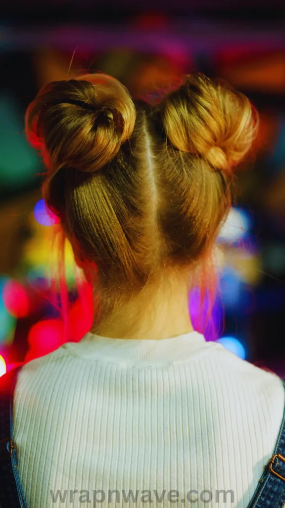 A rear close-up view of a woman with light brown and honey-blonde hair styled into two symmetrical, high twist buns on the crown of her head, divided by a straight center part. She is wearing a white ribbed top and denim overalls, set against a dark background with vibrant, colorful bokeh party lights in shades of red, blue, yellow, and green. The text "wrapnwave.com" is watermarked in grey at the bottom, demonstrating an easy way to secure small sections of hair into high buns to achieve bouncy, heatless curls for wedding photos.